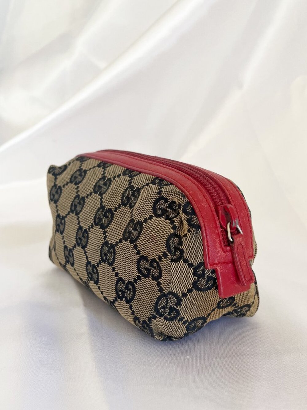 Gucci GG Canvas Cosmetic Vintage Pouch Monogram Red Leather Trim Zipper